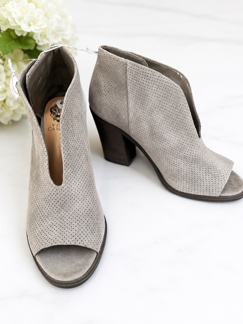 NWT Vince Camuto Gray Suede Peep Toe Wedge Booties Cutout Size 9